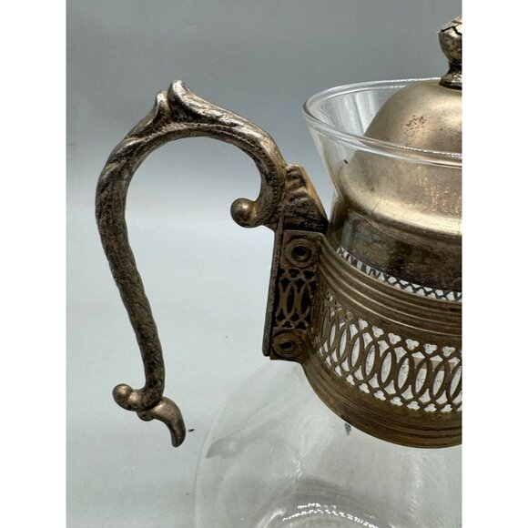 Vintage Glass Carafe Ornate Metal Handle & Lid 8=10.5" Tall Elegant Design READ - Picture 2 of 12